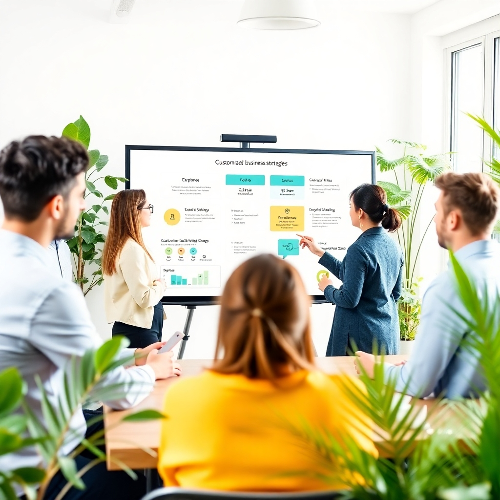 An interactive session visual showing team brainstorming with a digital board displaying customized business strategies. The room is bright and filled with plants, reflecting a harmonious balance between nature and business innovation.