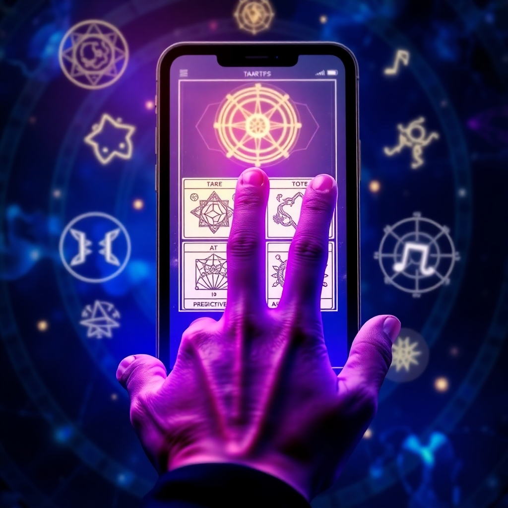 An intricate image of a hand hovering over a touchscreen device showing predictive tarot card spreads, surrounded by floating symbols of astrology. The colors are bright, with a futuristic blue and purple glow emanating from the device. The image captures the technological interface of the app while hinting at the mystical elements of tarot and astrology, all rendered in hyperrealistic detail.