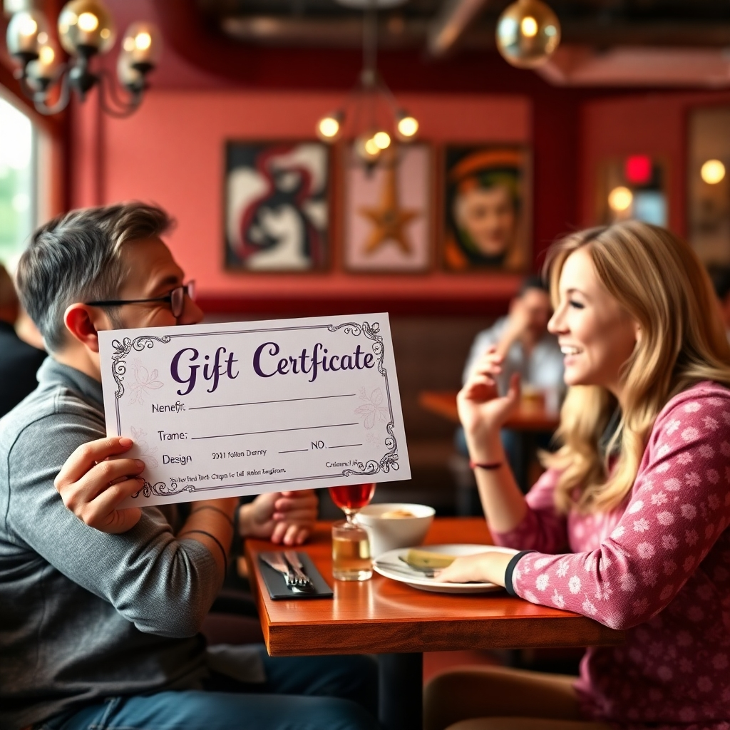 An inviting image of a beautifully designed gift certificate in a restaurant setting, accompanied by a satisfied customer discussing its benefits with friends. The playful color palette should evoke creativity and joy. The focus should be on the intricate design features of the certificate while ensuring the restaurant ambiance is welcoming. The image should be hyperrealistic and in 8K resolution.