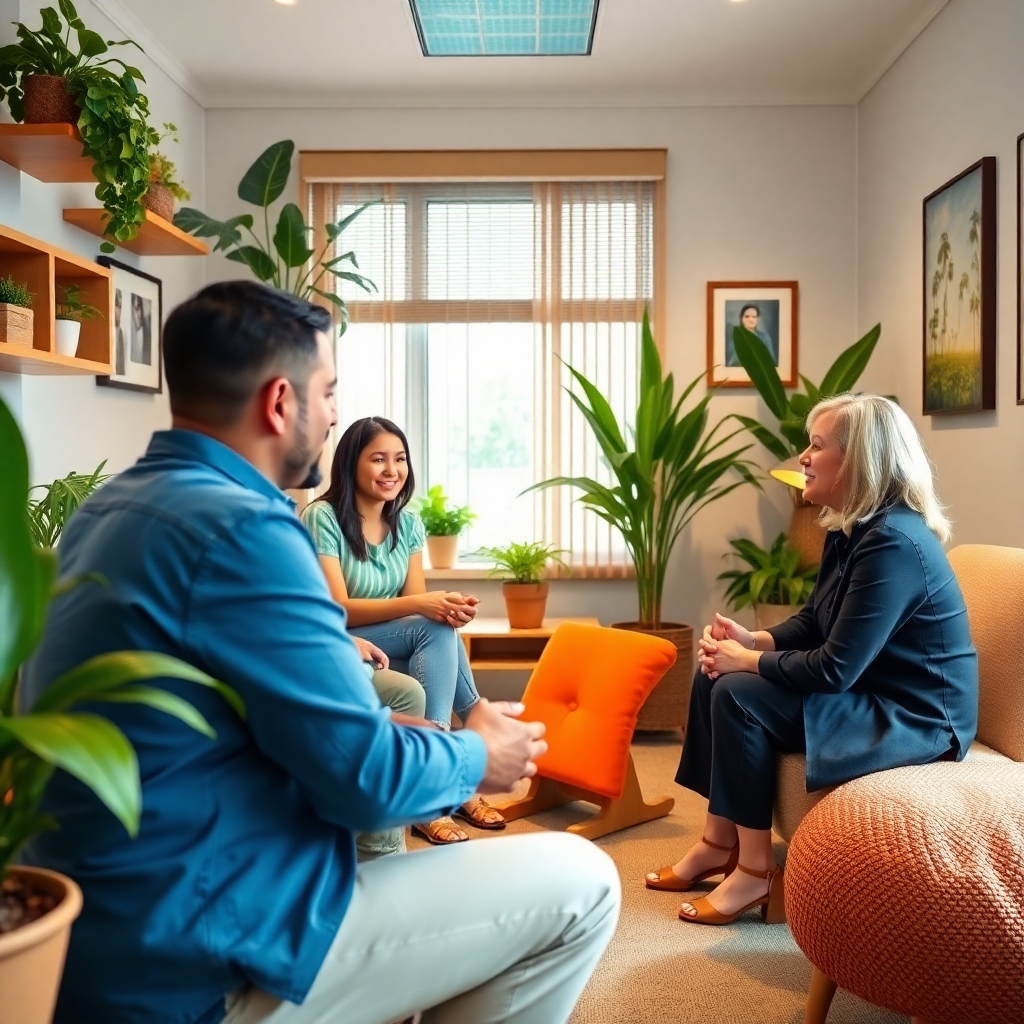 An inviting office space where alumni receive mentorship and counseling sessions. The room is decorated with plants and artwork, promoting a serene atmosphere. Alumni engage warmly with mentors in a supportive dialogue. The lighting is bright, highlighting the effectiveness of the guidance provided. The composition emphasizes a nurturing community, showcasing the bonds formed during and after the program. This image should be photorealistic and convey continued connection.