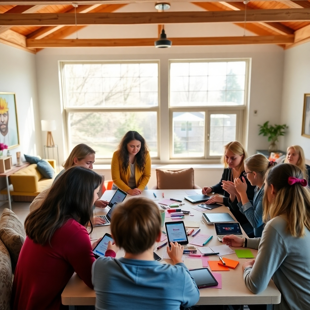An open space filled with natural light, showcasing a group of spiritual leaders collaboratively brainstorming over a table cluttered with notes and devices showing the SpiritPro app. The vibrant mixture of colors around the room reflects creativity, while the comforting atmosphere encourages collaboration. The image emphasizes the community spirit fostered by the app, highlighting connection and shared wisdom.