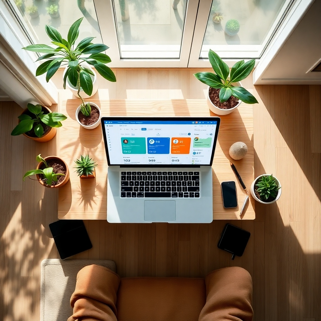 An overhead view of a serene workspace with a laptop open to the TherapyPro dashboard. Natural light floods the room, highlighting the application’s features. Props include plants for a touch of nature and personal artifacts that suggest harmony in practice. The design should convey organization and clarity, emphasizing the comprehensive nature of the software.