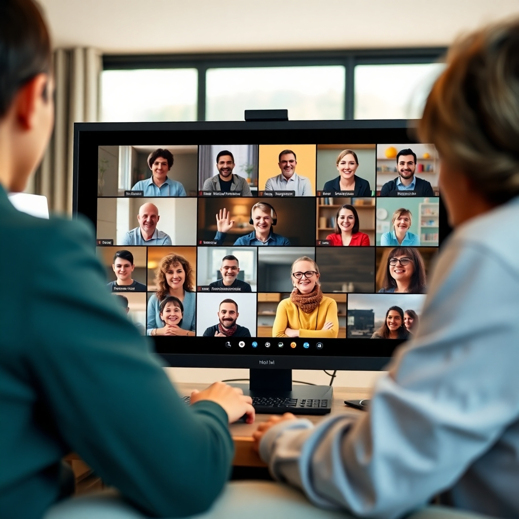 An uplifting image of a virtual meeting among caregivers participating in a supportive online community session. The composition uses bright lighting, signifying hope and openness. The color palette incorporates warm tones to enhance connection. The camera angle captures various participants on screen, showcasing their engagement and sharing in the discussion. Background elements reflect a sense of community, enhancing the feeling of belonging. Technical specs should ensure high definition and engaging clarity.