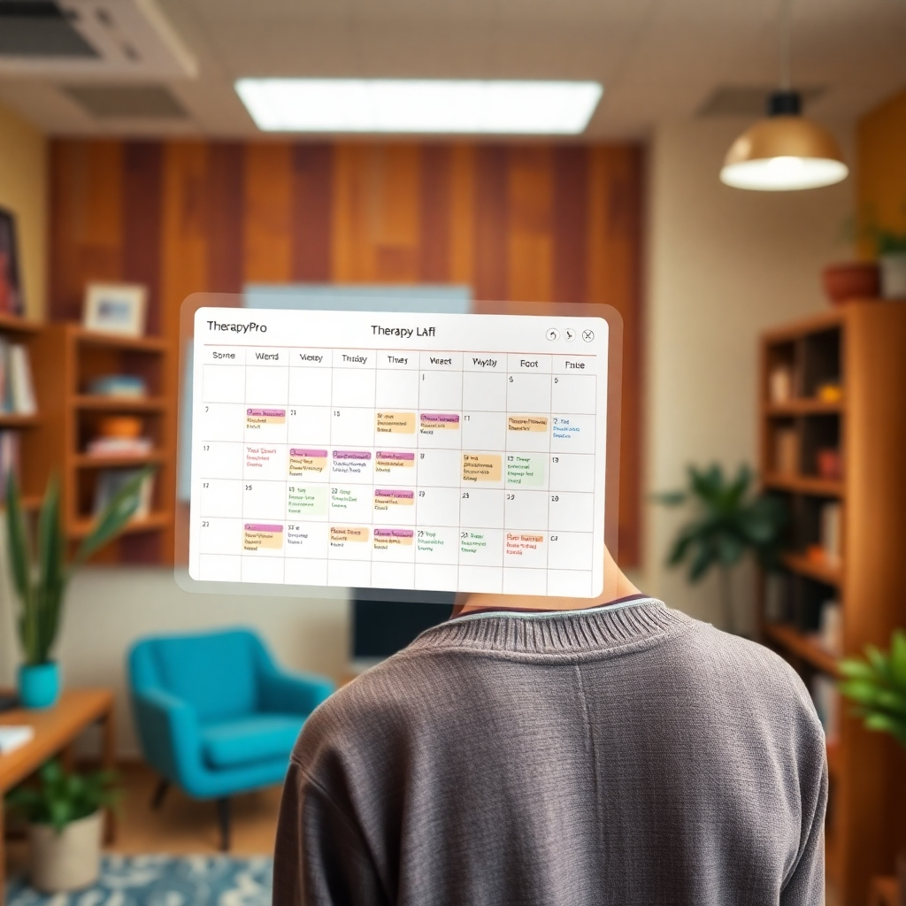 Capturing a busy therapist’s day reimagined, with a calendar interface of TherapyPro projected in the air. The background shows a colorful yet calming therapy office environment. Use bright lighting to energize the view, underlining the efficiency and organization brought by the software, while textures showcase a combination of wood and textile materials creating comfort.