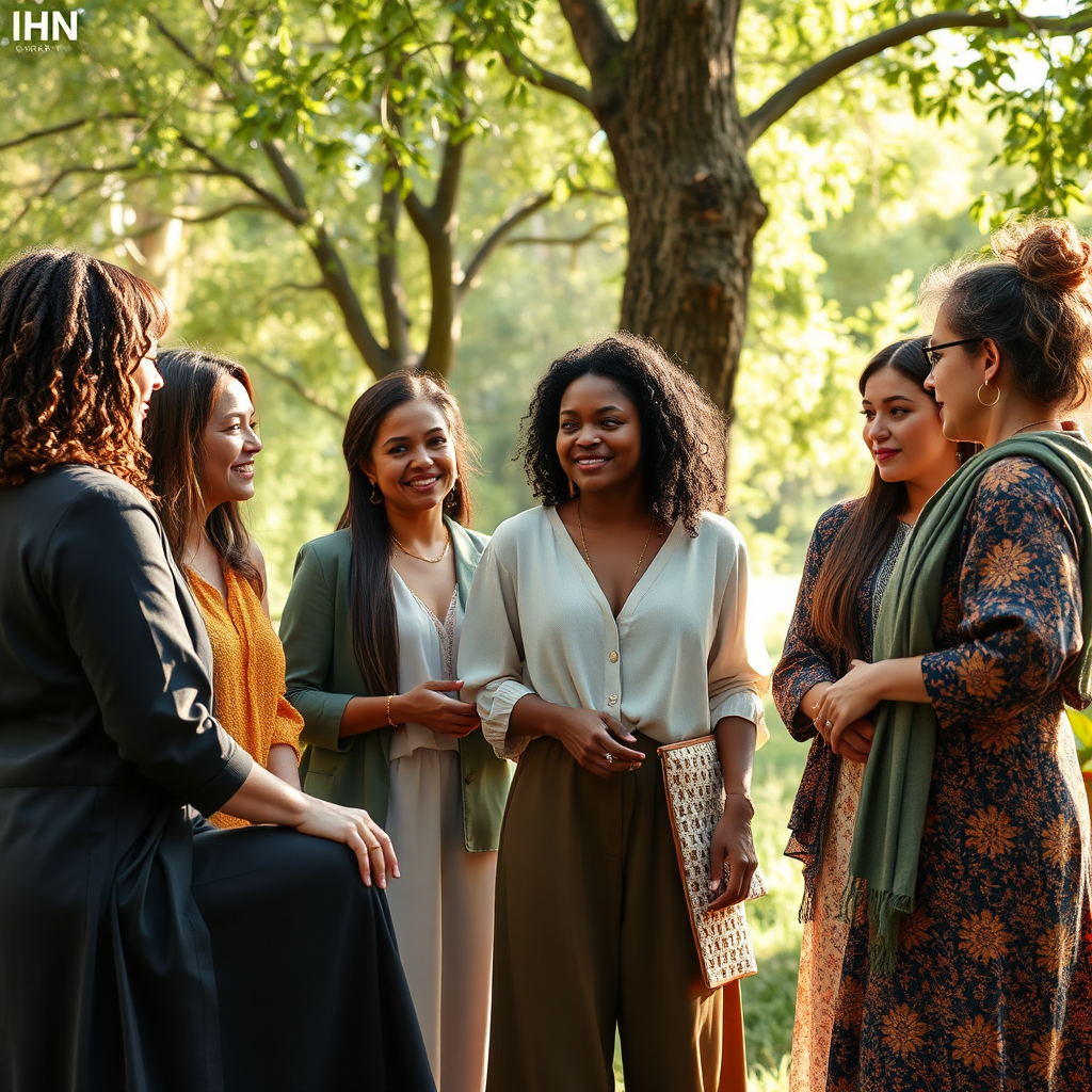 Create a photorealistic, ultra-high quality header image representing the 'IHN Women's Coaching Course'. The scene should feature a diverse group of women in a serene outdoor setting, embodying empowerment and support. Soft, natural lighting filters through trees, casting gentle shadows on the ground. The color palette should include calming greens and earth tones, symbolizing health and growth. The camera angle should be slightly elevated, capturing a warm interaction among the women, who are engaged in a discussion. Textures should be vibrant and detailed, showing the richness of their clothing and the natural surroundings. The style should resemble a high-end wellness campaign, and the technical specs must be 8K resolution, hyperrealistic.