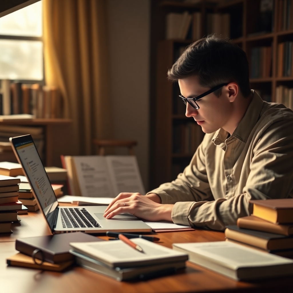 Create a scene featuring a researcher working intently at a desk surrounded by books and a laptop showcasing EruditePro's interface. The lighting should be soft, with a cozy atmosphere emphasizing focus and concentration. Incorporate props such as notebooks and pens, and utilize a warm color palette with browns and yellows to portray a scholarly environment.