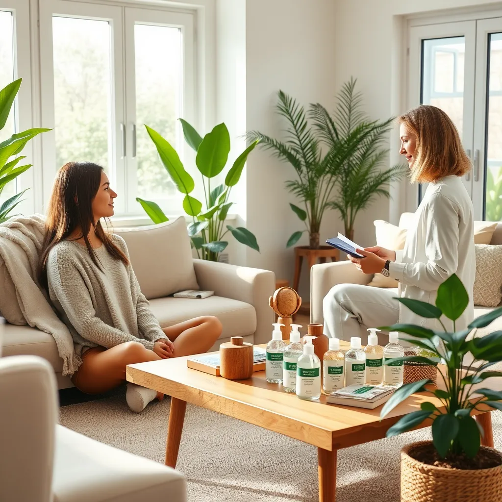 Create a serene consultation scene in a bright, airy living room filled with plants and natural light streaming through large windows. The interior should feature minimalistic furniture, soft textures like a woolen throw, and wooden elements. A young woman, sitting cross-legged on a comfortable sofa, is engaged in a discussion with a wellness coach. The coach, holding a notepad, has a friendly demeanor, surrounded by an array of eco-friendly cleaning products on a stylish wooden coffee table. The room is adorned with green plants to enhance the fresh, healthy atmosphere. Use soft diffused lighting that creates a warm, inviting mood. Utilize a calm pastel color palette with touches of earthy tones. Capture the scene from a slightly elevated perspective, focusing on both the participants and their comforting surroundings. The image style should be hyperrealistic, aiming for a high level of detail that highlights the textures and materials. Aim for 8K resolution.