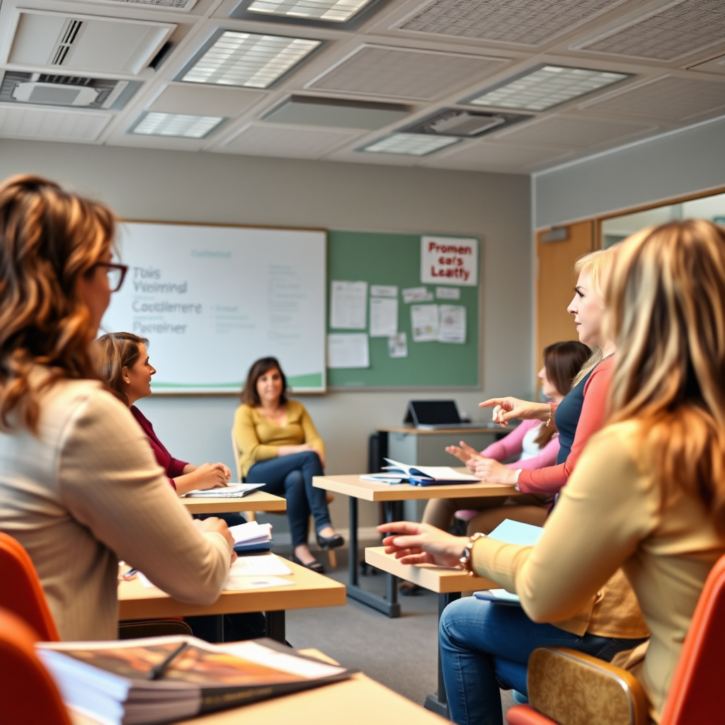 Create an image depicting a class in session, where an experienced instructor is explaining key concepts related to women's health coaching. The classroom should be interactive, with students actively participating. Use bright, engaging colors to create an inviting atmosphere conducive to learning. Ensure the setting feels professional yet relaxed, with elements such as educational materials and comfortable seating, presented in a vivid photorealistic style.
