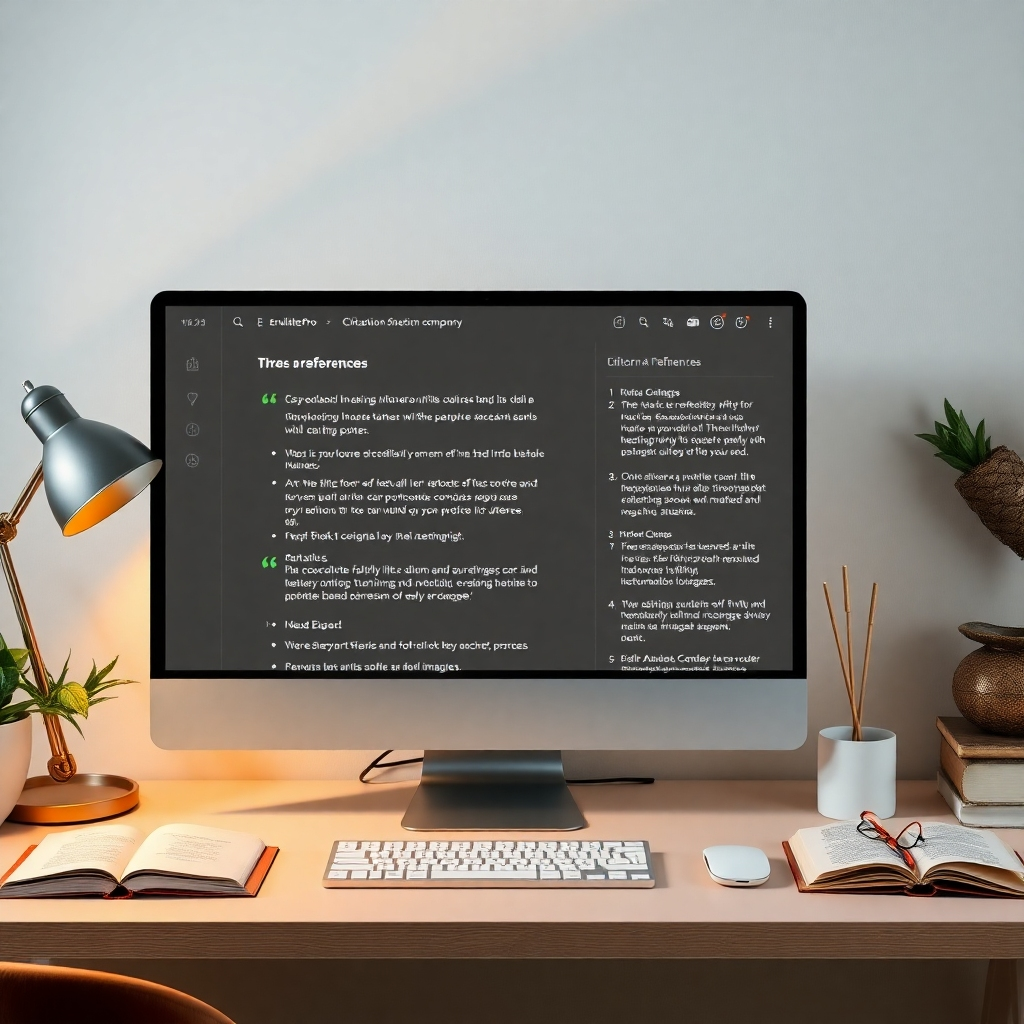 Create an image of a digital workspace showcasing EruditePro's citation management feature, with quotes and references elegantly displayed on the screen. The workspace should be inviting, incorporating elements like cozy lighting and academic motifs, styled with a modern and approachable aesthetic.