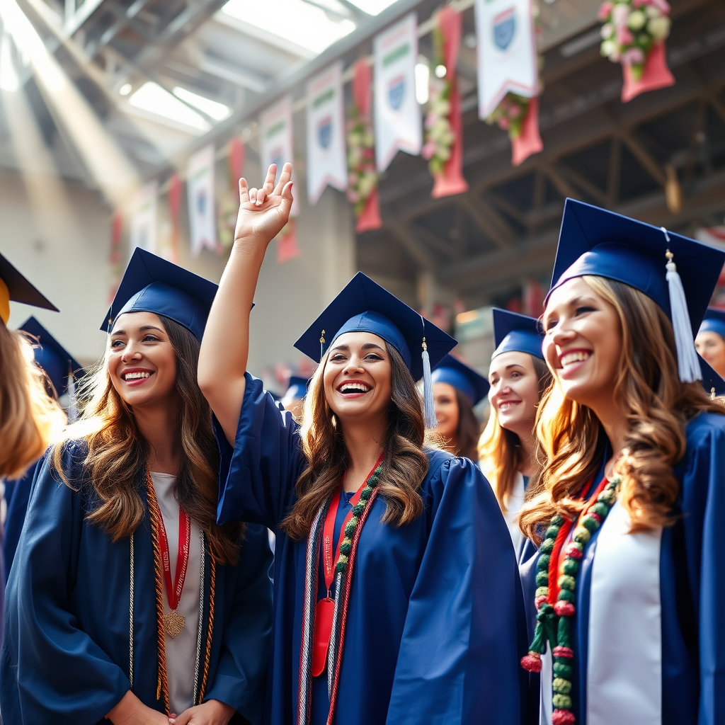 Create an image of a joyful graduation ceremony where newly certified women coaches are celebrating in their caps and gowns. They are surrounded by friends and family, showing pride and joy in their achievements. The setting is adorned with flowers and banners, with sunlight streaming down. The angle should provide a sense of celebration from a slightly elevated perspective. The colors should be vibrant, reflecting happiness and success. This image must be photorealistic and of high quality.