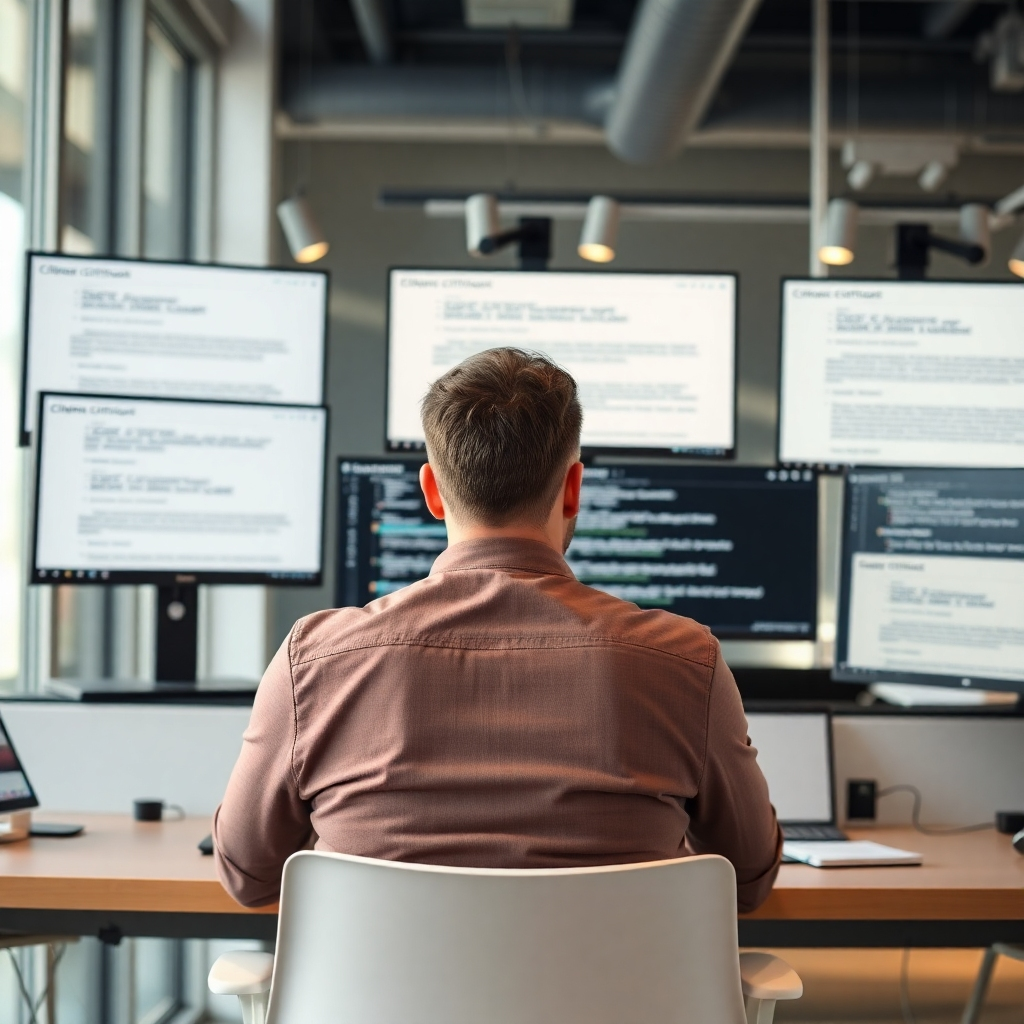 Create an image of a scholar seated at a modern workspace, where multiple screens display various citation formats. The lighting should be contemporary, highlighting the technological aspect of citation management. Incorporate a muted color palette that conveys professionalism and sophistication.