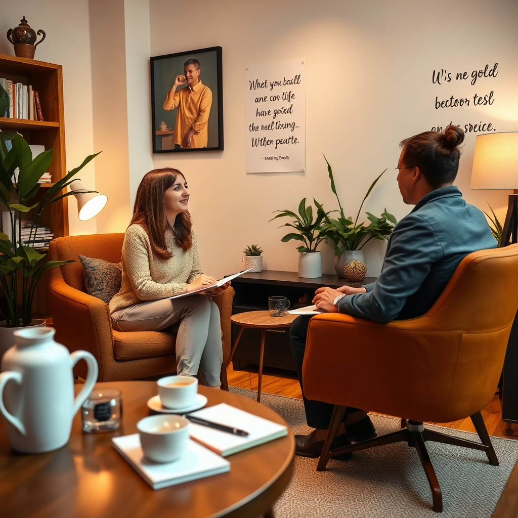 Create an inviting scene within a cozy office space where a certified coach is meeting with a mentee for guidance. The warm lighting should enhance the warmth and supportiveness of the environment. Props like notepads, teas, and inspirational quotes on the wall should be present to create a nurturing atmosphere. The camera angle should be slightly elevated, focusing on the interaction, and the scene should be photorealistic to emphasize the supportive nature of ongoing mentorship.