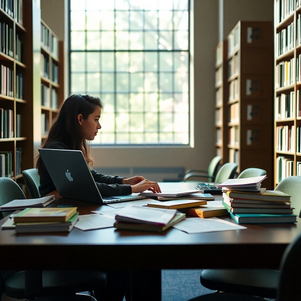 Depict a student sitting at a library table engaged with EruditePro on a laptop, with papers and textbooks strewn around. Capture a bright, informative atmosphere with ample light filtering through the window. Use greens and whites in the color scheme to evoke clarity and focus. The texture should reflect a modern yet scholarly context.