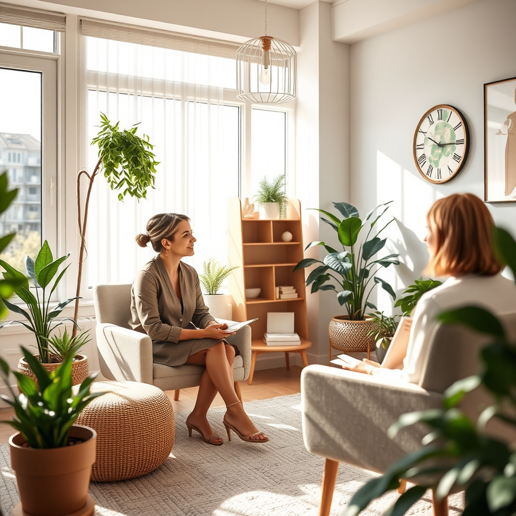Design a photorealistic image that encapsulates the mission of 'IHN Women's Coaching Certification'. The image should depict a female therapist in a bright, inviting office, attentively consulting with a client. The setting should be filled with calming decor, such as plants and soft colors that evoke a sense of trust and openness. Light should emanate from large windows, flooding the space with warmth. The camera should be positioned at eye level to create intimacy, and texture details should highlight the quality of the furnishings. The style should reflect a professional yet approachable atmosphere, rendered in high-quality 4K resolution.
