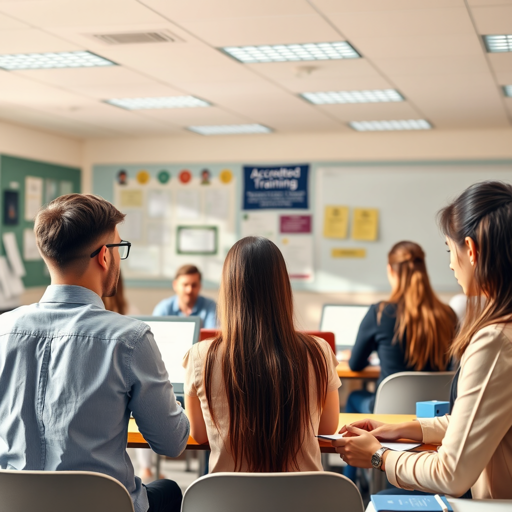 Design an attractive image representing the accredited training course, featuring a beautiful classroom filled with students engaged in active learning. The atmosphere should be bright and energetic, with students interacting with each other and the instructor. Include educational materials and certifications displayed prominently in the environment. Use a warm color palette to invoke feelings of education and growth, rendered in high-quality detail.