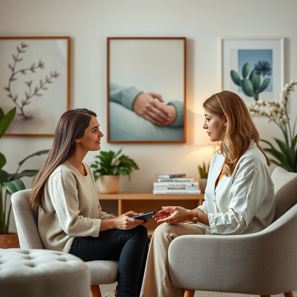 Design an image showcasing a female therapist working one-on-one with a client in a peaceful, well-decorated office. Focus on the connection between them, emphasizing empathy and professionalism. The background should feature calming artwork and books on women's health. Soft, warm lighting enhances the positive environment. The texture details should show a blend of soft fabrics and natural materials, giving the space a welcoming feel. The final image should be photorealistic with high quality.
