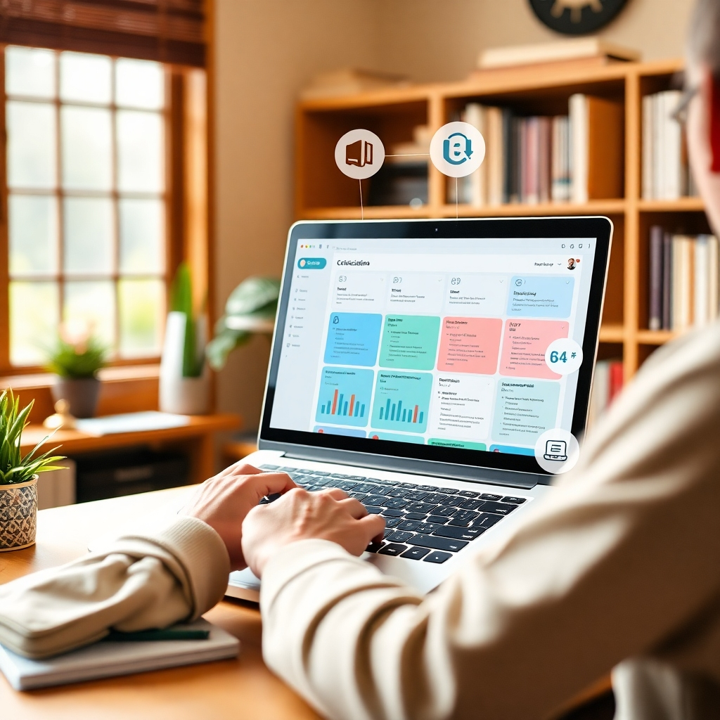 Develop a visually appealing representation of citation management, showing a user interacting with a visually rich dashboard on a laptop. Use graphics that symbolize various citation styles, creating a sense of clarity and accessibility. The environment should be warm and inviting with a well-lit study corner.