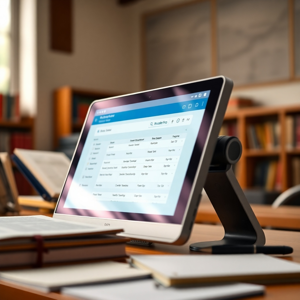 Feature a close-up view of a digital screen displaying EruditePro’s export functionality. The background should be an academic setting with subtle textures of books and stationery. The lighting should be bright and engaging, bringing focus to the digital interface. A modern color palette of blues and whites should illuminate the technical aspect of the export features.