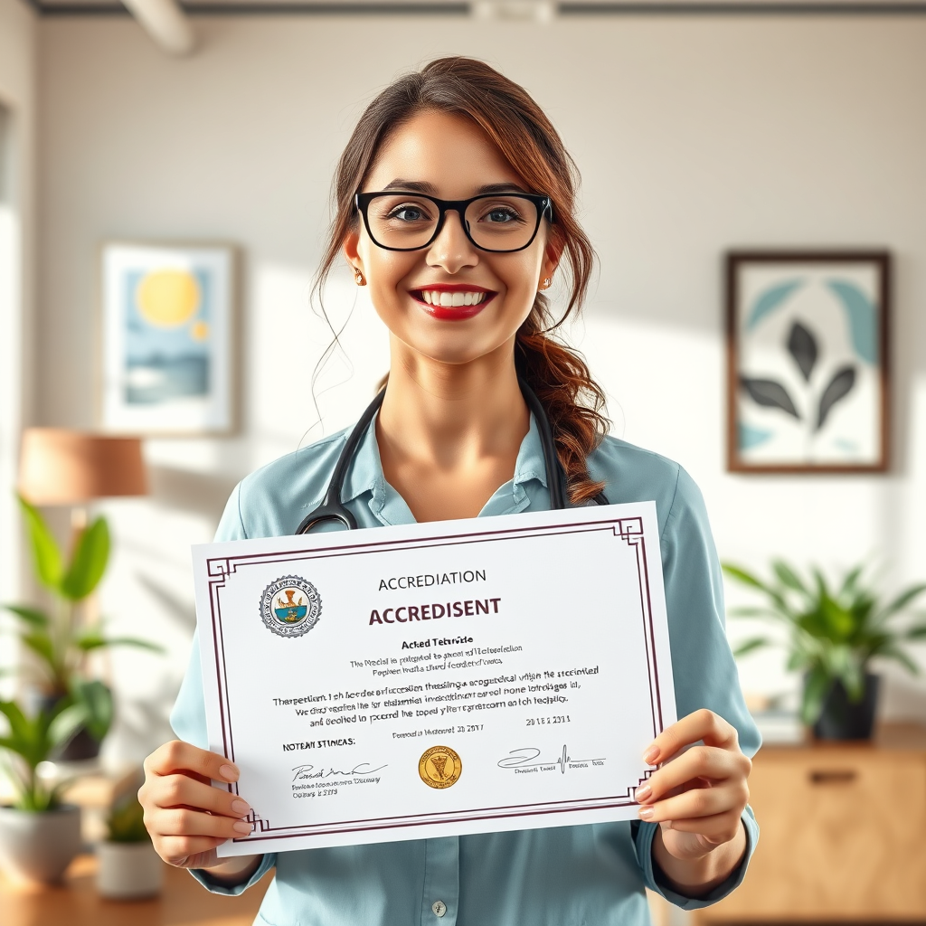 Illustrate a close-up of a proud therapist holding her accreditation certificate in a well-lit office environment. Her expression should be one of joy and accomplishment, reflecting the hard work put into achieving this milestone. The backdrop should include elements indicative of a therapeutic setting such as plants and calming artwork. The camera angle should focus on both the therapist and the certificate while incorporating vibrant colors that symbolize achievement, rendered photorealistically.