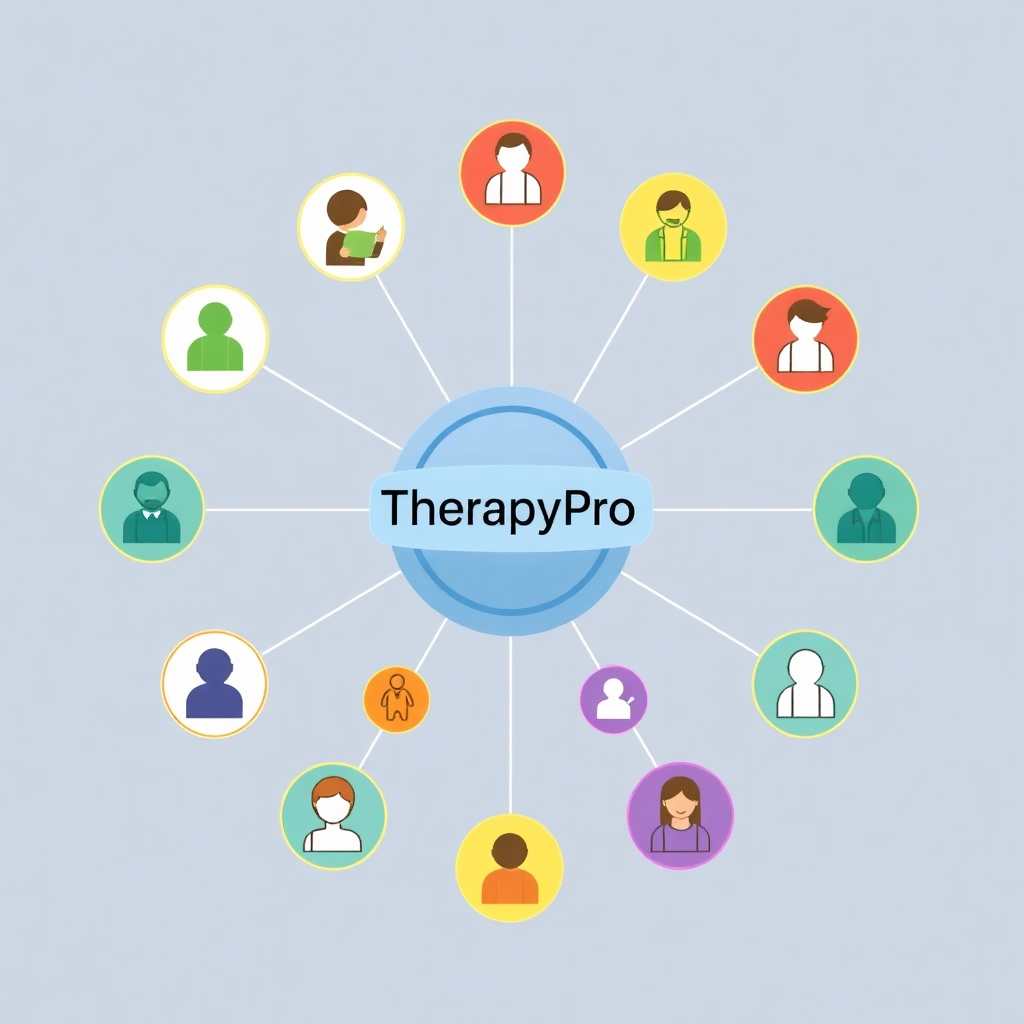 Illustrate a dynamic chart or visual display showing different therapy options as colorful icons emanating from a central hub labeled 'TherapyPro'. The background should suggest a professional atmosphere, with muted colors to balance the lively icons. This visualization promotes accessibility and diversity in therapy approaches.