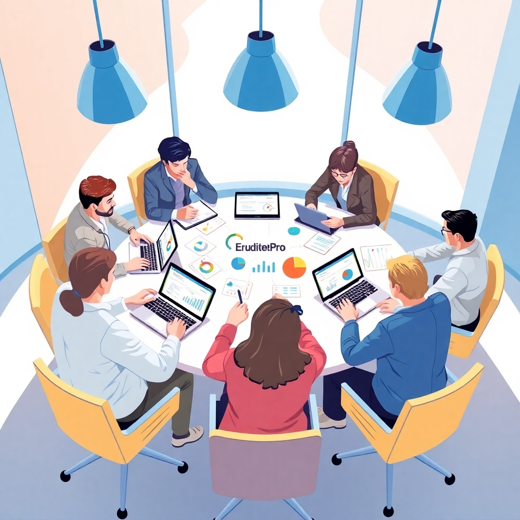 Illustrate a group of researchers brainstorming around a round table with EruditePro displayed on laptops and tablets. The environment should be bright and contemporary, with notes and digital charts visible, suggesting teamwork and innovation. Use vibrant and dynamic colors to mirror collaboration and creativity.