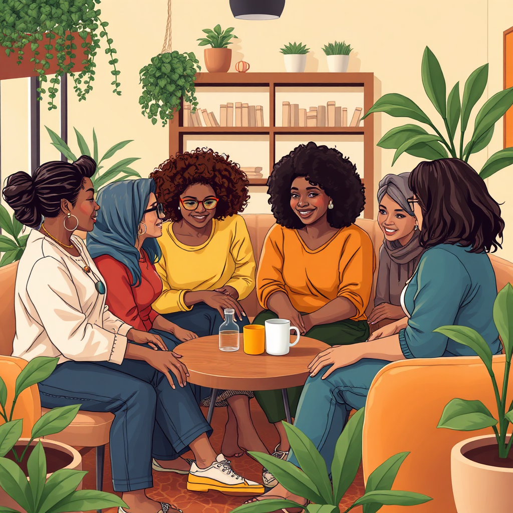 Illustrate a supportive community gathering where diverse women, representing various backgrounds, are sharing ideas and experiences. The environment should be cozy, with comfortable seating, plants, and warm lighting to create an inviting atmosphere. The camera angle can be slightly above the group, capturing the warmth of interaction. Texture details should highlight unique clothing and accessories. This should convey togetherness and creativity, rendered in high-quality, photorealistic detail.