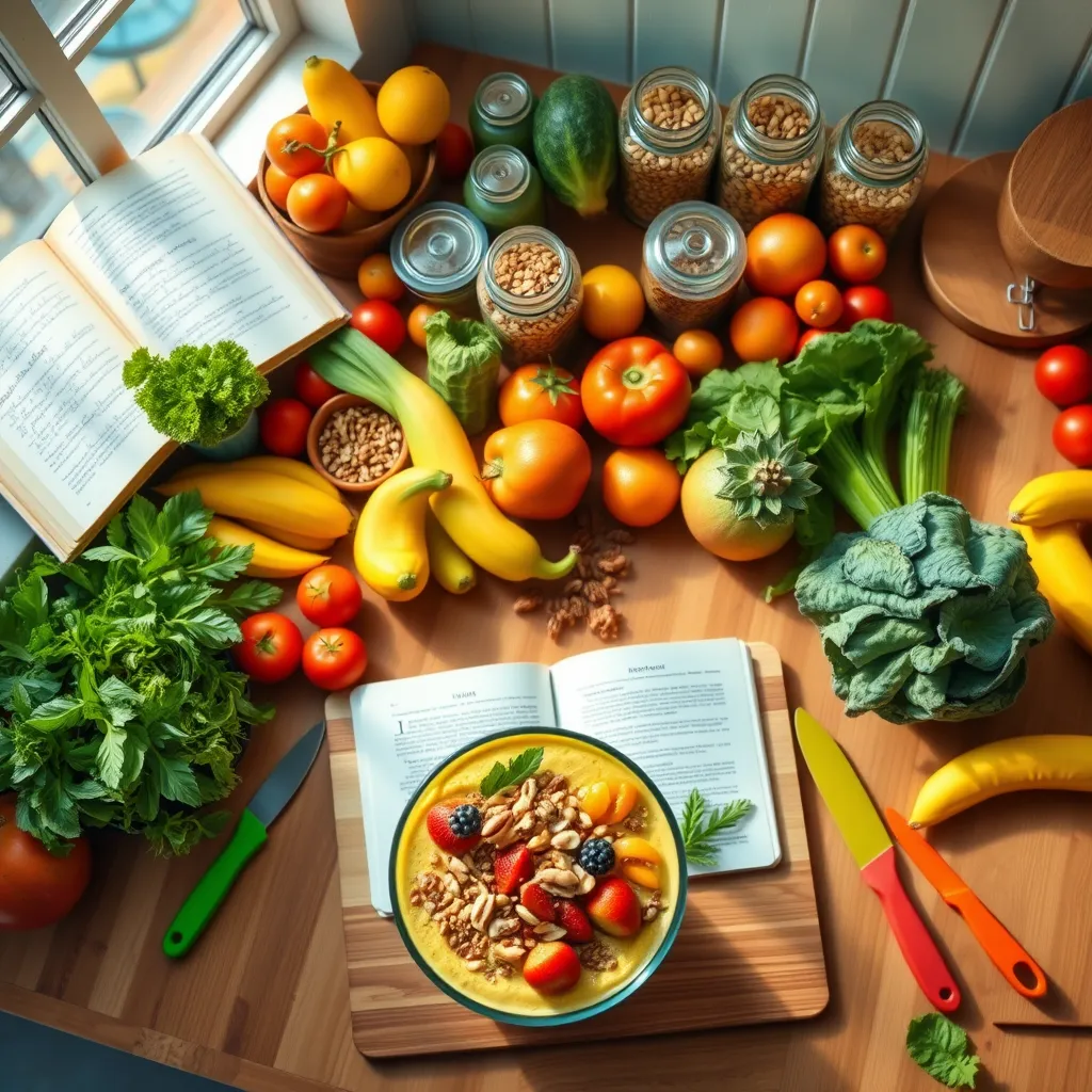 Illustrate a vibrant and colorful kitchen filled with fresh fruits and vegetables, showcasing a layout of an organized meal prep station. The scene should include an overhead shot of a wooden countertop laid out with bright produce, glass jars filled with grains and seeds, and an open cookbook with handwritten notes. Natural light should flood the kitchen, accentuating the freshness of the ingredients with a playful yet serene ambiance. A smoothie bowl can be prepared in the foreground, garnished with nuts and fruits, emphasizing a healthy, appetizing meal. Incorporate a pop of color through the use of kitchen accessories like colorful knives and cutting boards. The mood should feel energetic yet calming, featuring a harmonious blend of green, yellow, and red hues. Capture in ultra-detailed 8K quality, showcasing the textures of fruits and the materials of the kitchen elements, reflecting a wholesome cooking experience.