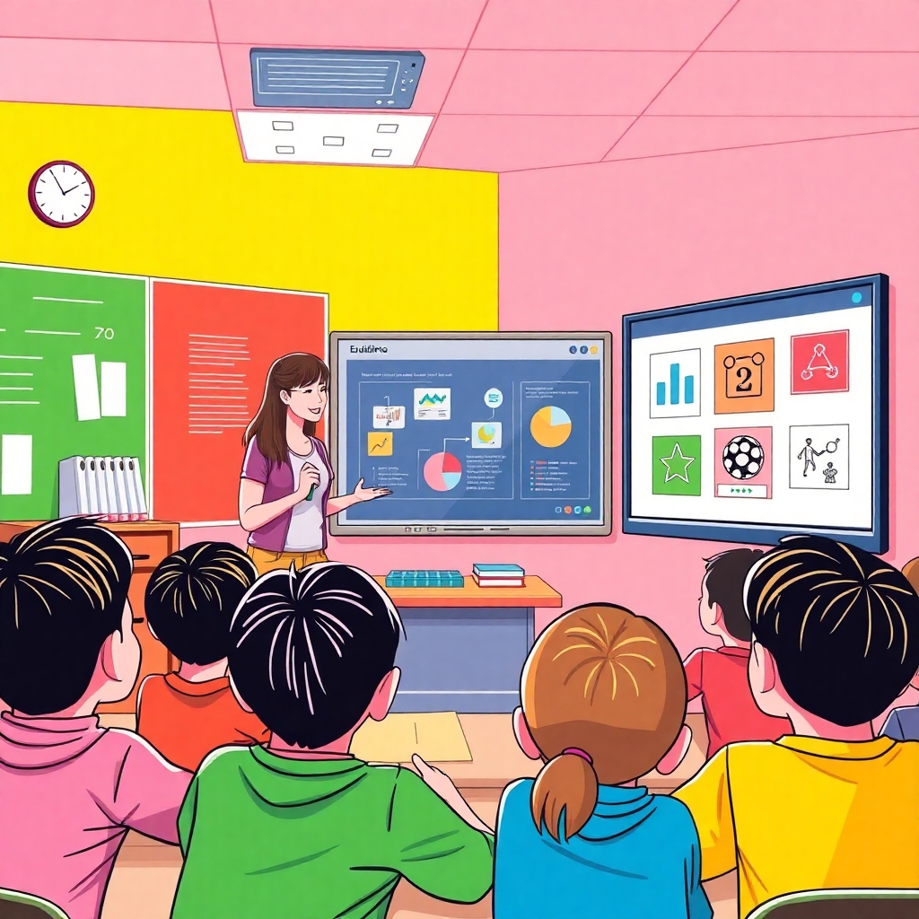 Illustrate a vibrant classroom scene where a teacher uses EruditePro on a smartboard, engaging students actively. Showcase bright colors and interactive elements that highlight technology in education. The angle should focus on the connection between the teacher and students, with digital graphics displayed on the smartboard. Use a lively color palette of reds, yellows, and blues to represent enthusiasm and engagement.