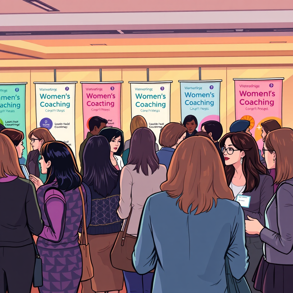 Illustrate a vibrant networking event where attendees are conversing and exchanging ideas. Incorporate banners highlighting women's health coaching topics in the background. The lighting should be inviting, creating a warm and friendly atmosphere. Capture the excitement of the interactions, reflecting a diverse group of participants. This image must be photorealistic, showcasing the essential aspects of professional networking.