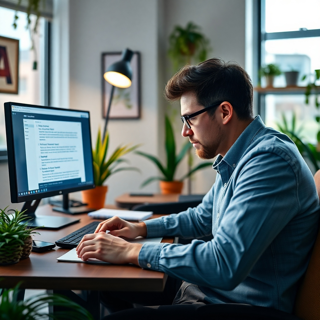 Portray an individual deeply focused on their writing, with a second screen showing EruditePro’s writing suggestions. The workspace should be modern yet comfortable, filled with creative elements like plants and art. The lighting should be bright to encourage productivity and reflect innovative thinking.
