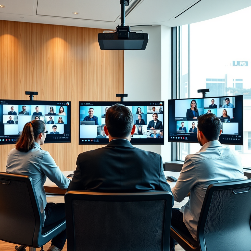 Show a virtual training session in progress, with multiple screens displaying students and an instructor engaging remotely. The setting should have a modern feel, blending technology with a professional atmosphere. Use bright lighting to highlight the screen content and participant interactions. The image should convey a sense of connectivity and innovation, crafted in photorealistic detail to showcase the future-ready aspect of training.