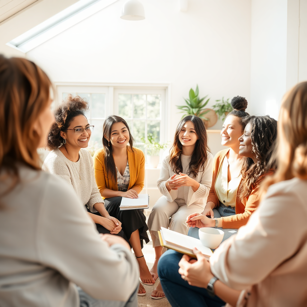 Visualize a bright, inspiring scene of a therapist leading a group coaching session with women of various backgrounds. The environment is open and airy, filled with light. The participants are engaged, showing expressions of curiosity and empowerment. The color palette should be warm and inviting with pastels that enhance the positive atmosphere. Props may include wellness tools like journals and herbal teas. The style should reflect positivity and growth in a high-resolution, photorealistic format.