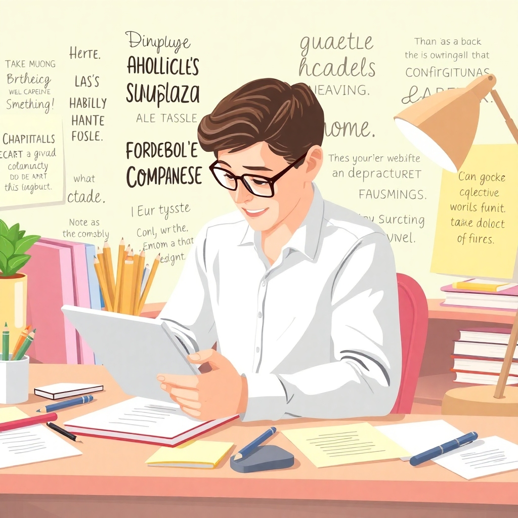 Visualize a busy writer's nook with an individual using EruditePro on a tablet. The desk is filled with notes, and the background consists of inspirational academic quotes. The scene should be bright and motivational, using a mix of pastels and soft hues to create an inviting space for creativity.