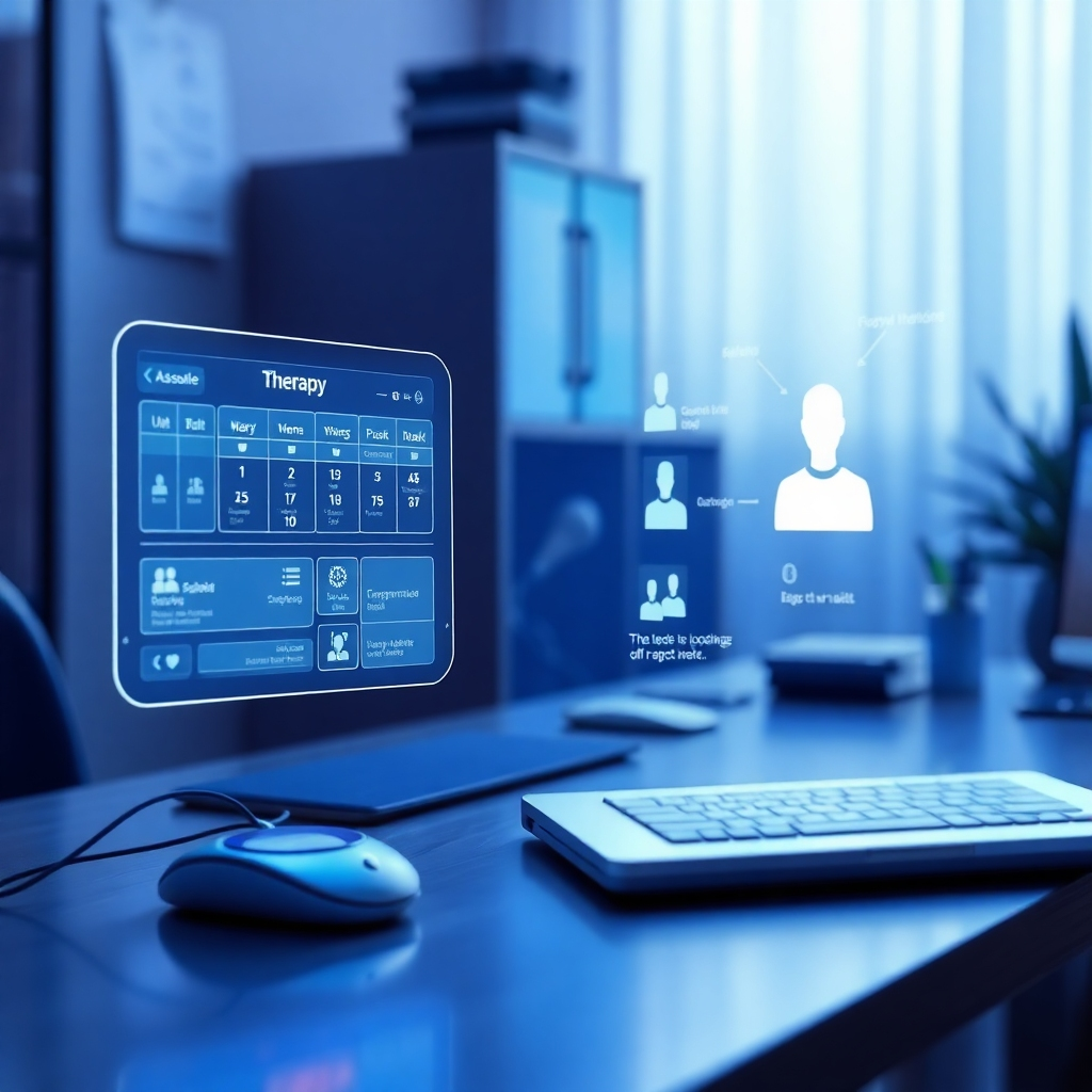 Visualize a futuristic digital assistant on a therapist’s desk, with holographic interface elements representing scheduling and therapy options. The scene uses a vibrant color palette of tech-inspired blues and whites, with ambient lighting to suggest a modern and innovative tool at work. Textures should be sleek and polished. A perspective angle emphasizes the dynamic interface, inviting therapists to engage with the digital features.