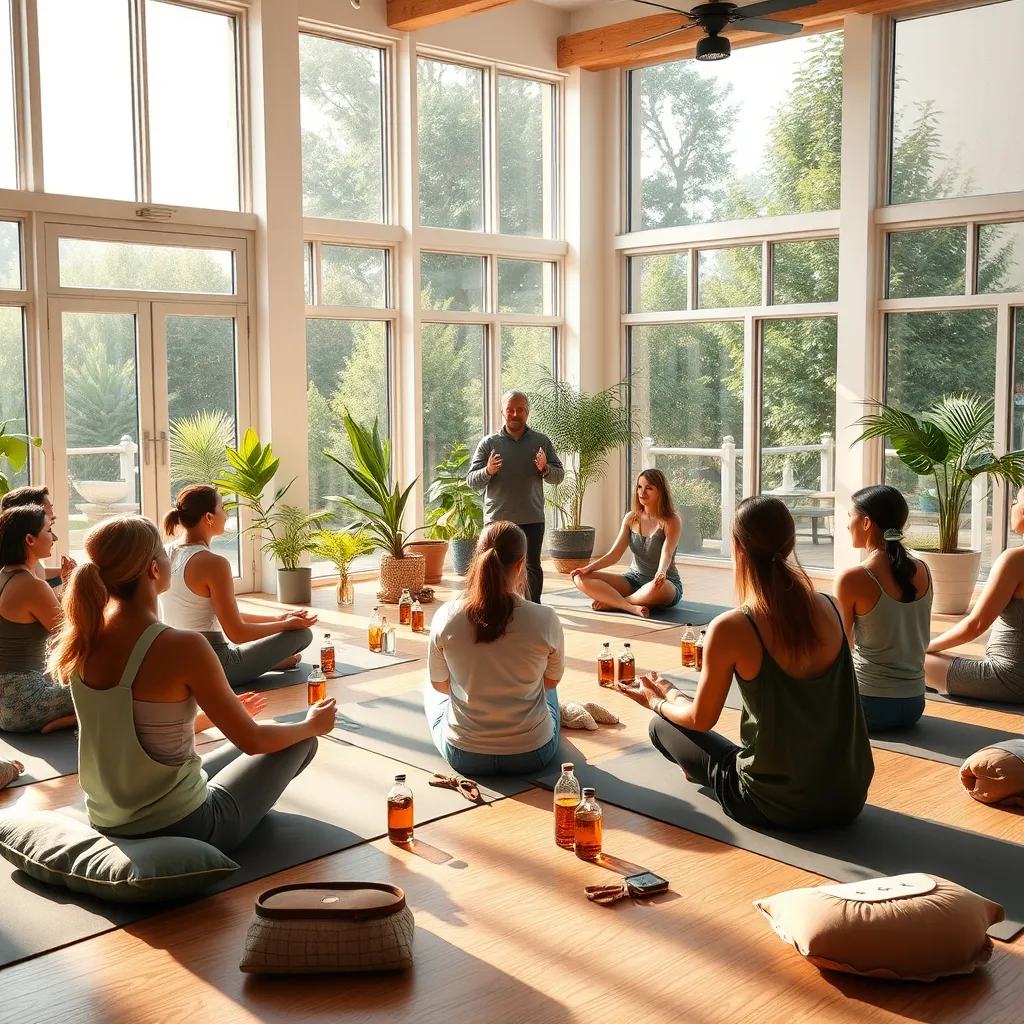 Visualize a lively workshop setting in a spacious, sunlit community center with large windows showcasing an outdoor garden. The room should feature participants seated in a circle on yoga mats, attentively listening to a charismatic instructor at the front. The instructor is demonstrating various detox techniques using props such as essential oils and breathwork tools. Use soft diffused lighting that casts gentle shadows, creating an intimate feeling among participants. The color palette should reflect nature with greens, blues, and earth tones, fostering a calming environment. Include details like potted plants, cushions, and water bottles made of glass to emphasize sustainability. Capture the scene from a slightly low angle to bring focus to the instructor and the engaged participants, showing expression and enthusiasm. The image style should be photorealistic, with ultra-high quality, focusing on expressions and dynamic interactions within the group.