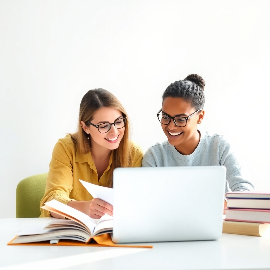 Visualize a mentor guiding a student through the writing process using EruditePro. The setting should be engaging, with books and a laptop open, showcasing a collaborative atmosphere. The mood is bright and inspiring, using a vibrant color palette to evoke creativity.