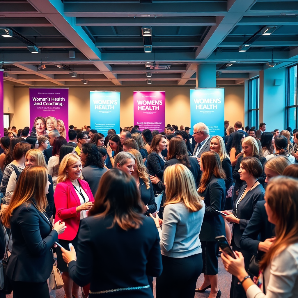 Visualize a networking event filled with women in professional attire exchanging ideas. They are in a modern, well-lit venue, showcasing banners related to women's health and coaching. The ambiance should be lively but sophisticated, with guests mingling and engaging in discussions. The color scheme should blend professional colors with vibrant accents to invoke energy and collaboration. Image must be photorealistic, capturing the essence of professional camaraderie.