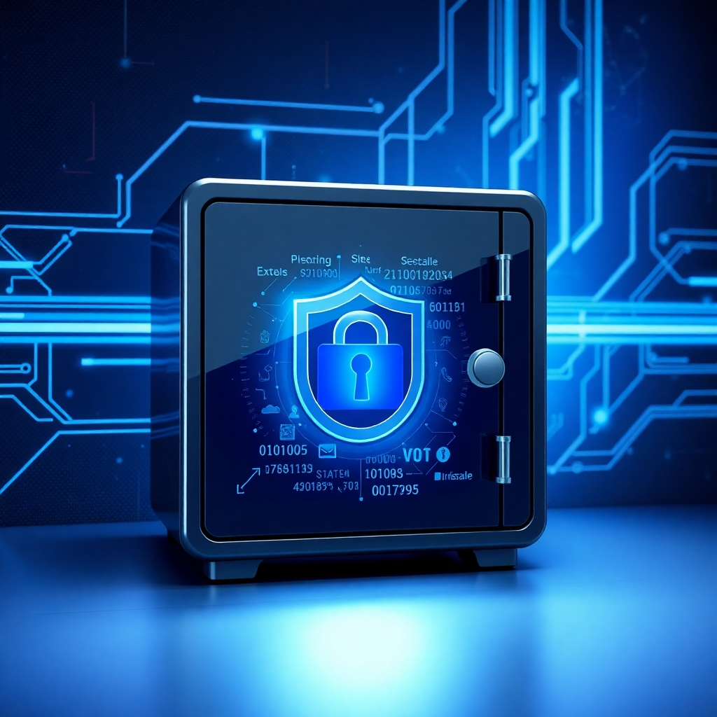 Visualize a secure digital safe with digital representations of data being stored safely. The backdrop is futuristic, with dark tones accentuated by hints of blue light representing digital security. The combination of sleek textures and high-tech visuals brings home the importance of safety in software applications.
