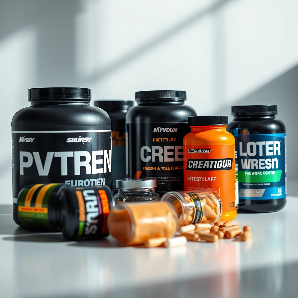 Assortment of fitness supplements: protein, creatine, pre-workout