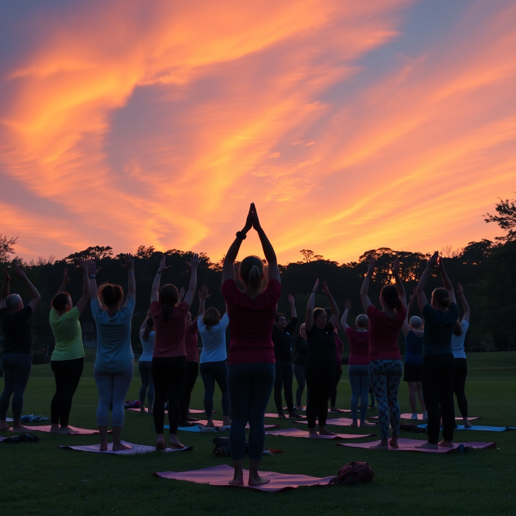 Group doing yoga outdoors at sunrise
