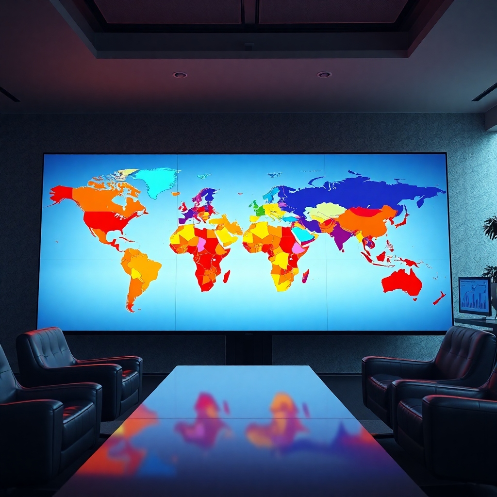 A hyperrealistic image, 8K resolution, depicting a world map with highlighted regions representing key global markets for a hypothetical product (e.g., organic tea). The map should be displayed on a large screen in a modern, well-lit office.  Dramatic side lighting emphasizes the highlighted regions.  The color palette is vibrant, utilizing warm colors for profitable markets and cooler colors for those requiring further analysis.  The camera angle is from slightly below, creating a dynamic perspective.  The office has a clean and professional atmosphere, with elements suggesting advanced analytics and data visualization.  Textures should include the smooth surface of the screen, the glossy finish of the office furniture, and the textured wall behind.  The overall mood is one of data-driven decision-making and opportunity.  The style should be inspired by high-tech corporate imagery, similar to Google's marketing materials.  Include charts and graphs on nearby monitors subtly in the background to hint at the research analysis aspect. The image needs to be ultra-detailed, showing intricate textures and reflections.