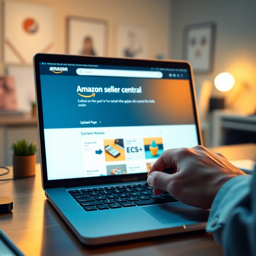 A hyperrealistic, ultra-detailed 8K resolution image showcasing a person's hands confidently clicking a mouse on a laptop showing an Amazon seller central page successfully uploading an EBC+ content module, with a subtle glow of success. The scene is bathed in warm, inviting lighting, conveying a sense of accomplishment and satisfaction. The color palette emphasizes calming blues and greens, projecting tranquility and success.  The background features a clean, modern workspace with hints of other design elements, emphasizing professionalism and efficiency.  The camera perspective is from a slight angle, capturing the user's focused engagement with the process. The textures are hyperrealistic, with details of the laptop's keyboard, mouse, and desk surface meticulously rendered. The image should evoke a feeling of ease and stress-free management. The overall style should be similar to Apple's product photography, emphasizing clarity, simplicity and modern design aesthetics. The image should feel clean and professional, showing the ease of the process. No unnecessary visual clutter.
