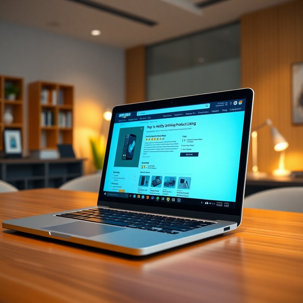 A photorealistic, 8K resolution image depicting a laptop displaying a meticulously optimized Amazon product listing.  The screen showcases a compelling product image, detailed bullet points, and customer reviews. Soft, diffused lighting illuminates the scene, creating a warm and inviting atmosphere. The color palette is clean and professional, with a focus on blues and greens to evoke trust and reliability.  The camera angle is slightly elevated, providing a clear view of the screen. The laptop rests on a sleek, modern wooden desk, with a subtly blurred background of a well-organized office.  The overall mood is one of professionalism and success.  Textures include the smooth glass of the laptop screen, the fine wood grain of the desk, and the soft texture of the keyboard.  The image should evoke a feeling of trust and efficiency, similar to the style of a high-end corporate advertisement.  Include subtly visible brand elements of Amazon in the background. The image should be hyperrealistic, with ultra-detailed textures and reflections.