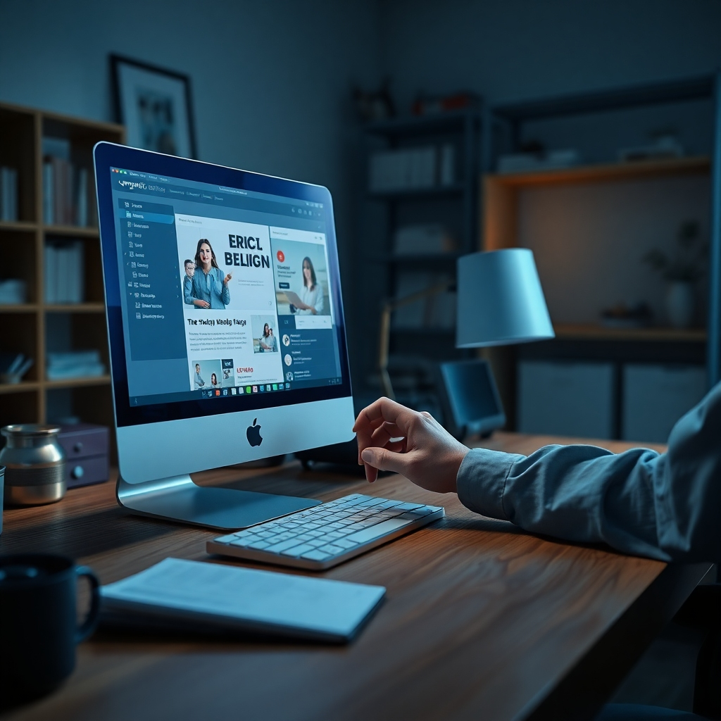 A photorealistic, 8K resolution image depicting a designer meticulously crafting an Amazon EBC A+ module on a high-end iMac, bathed in soft diffused lighting. The color palette is clean, modern, and professional, featuring calming blues and muted grays. The scene exudes a sense of calm focus and precision. The designer's hands are clearly visible, interacting with the design software. The background features subtly visible shelving with neatly organized design books and other design elements, suggesting a professional and organized workspace. The overall mood is one of high-quality craftsmanship and attention to detail. The camera angle is slightly elevated, offering a clear and unobstructed view of the workspace.  In the style of a high-end product photography showcasing professionalism and efficiency. The textures should be hyperrealistic, with details such as the subtle grain of the wooden desk and the smooth glass of the iMac screen clearly visible. The image should emphasize the meticulous nature of the work and the high quality of the final product. The image should also communicate trust and reliability. Include subtle reflections in the screen showing the EBC A+ content being designed.