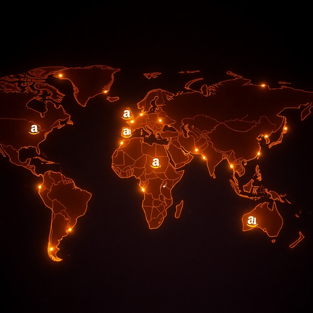 A photorealistic image depicting a world map with glowing nodes representing different countries where Amazon operates, connected by lines symbolizing global trade and sales.  Each node should have a small Amazon logo embedded within it. The overall style should be modern, clean, and vibrant, conveying a sense of global expansion and interconnectedness.  The background should be a dark, subtly textured gradient, emphasizing the glowing nodes and connections. The image should have a high resolution and detailed textures.