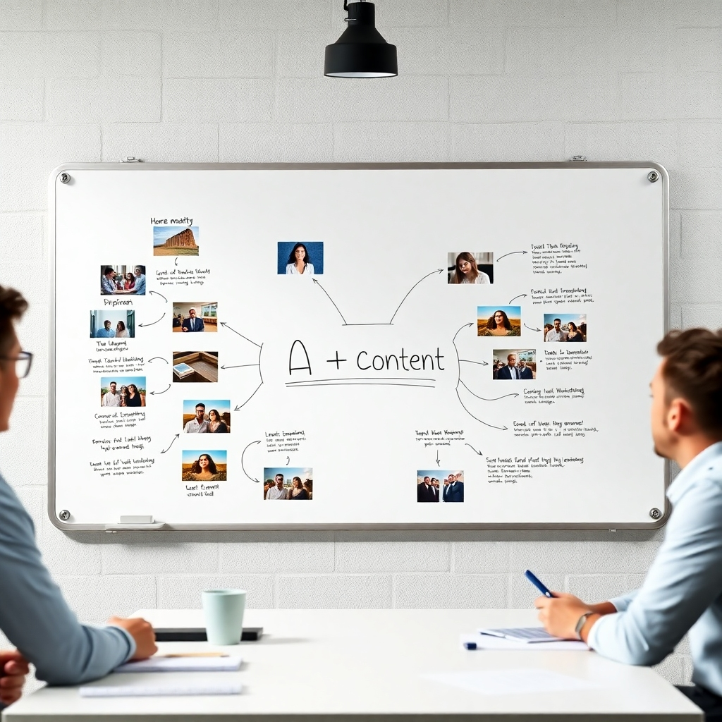A photorealistic image depicting a brainstorming session. The whiteboard displays a mind map outlining the structure of an A+ content page. High-quality images and graphics are placed alongside text, showing how they are strategically used. The mood is collaborative and creative.