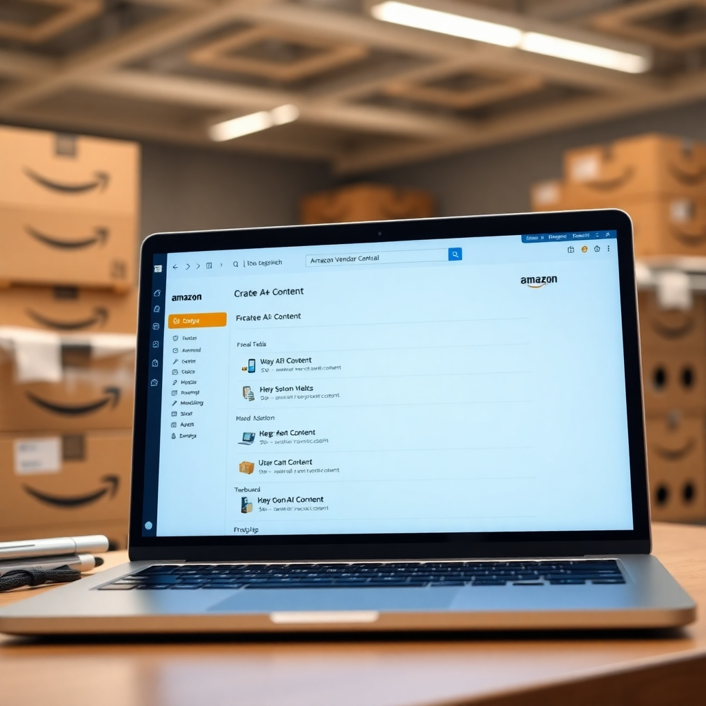 A photorealistic image depicting a laptop screen displaying the Amazon Vendor Central dashboard, showing options for creating A+ content.  The background should subtly show boxes of products ready for shipment, highlighting the vendor-centric aspect. The overall lighting should be bright and professional, emphasizing a clean and organized workspace.