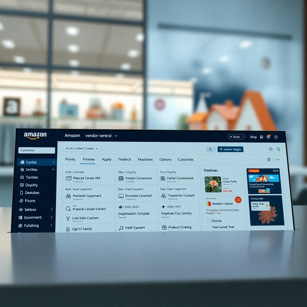 A photorealistic image depicting a clean, modern Amazon Vendor Central dashboard displaying A+ content creation tools and options.  Focus on the ease of use and the available customization options. Include a subtle background image related to e-commerce or product management. The overall tone should be professional and efficient, conveying the simplicity and power of the platform.