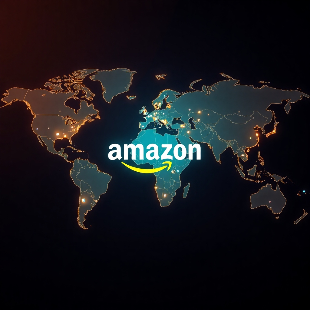 A photorealistic image depicting a world map with glowing lines connecting various countries to a central Amazon logo, symbolizing global reach and interconnectedness. The image should be vibrant and modern, with a clean and professional aesthetic. Include small icons representing diverse products sold globally on Amazon, subtly placed around the map.