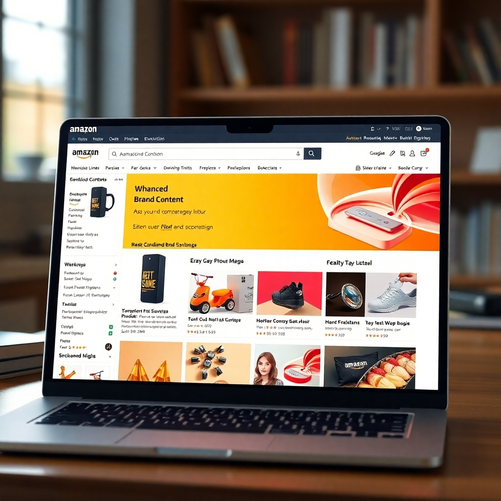 A photorealistic image displaying an Amazon product listing page with vibrant and engaging Enhanced Brand Content clearly visible.  Show high-quality product images, compelling text, and brand-consistent design elements within the EBC module. The image should emphasize the increased visual appeal and brand storytelling capabilities of EBC.